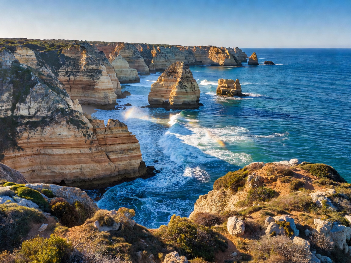 Coastline view of southern Portugal cliffs and blue ocean