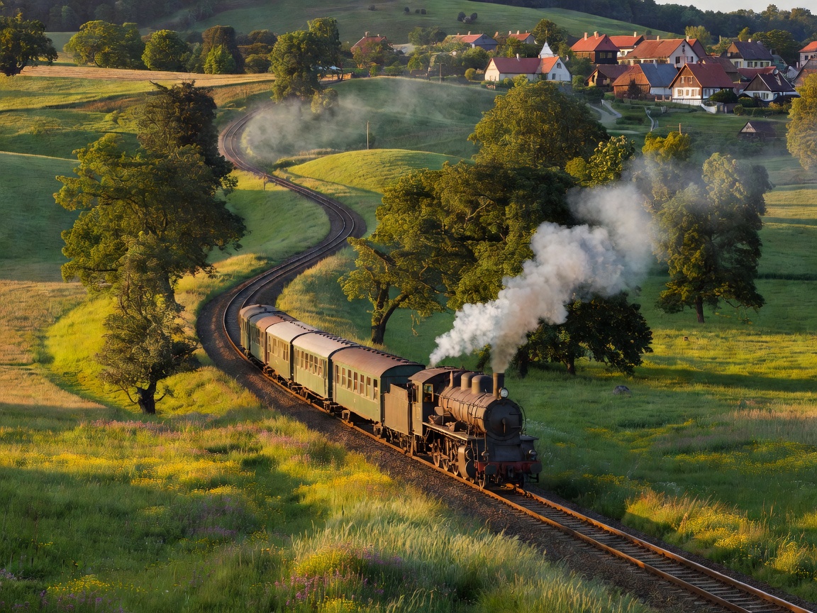Scenic railway winding through Eastern European countryside